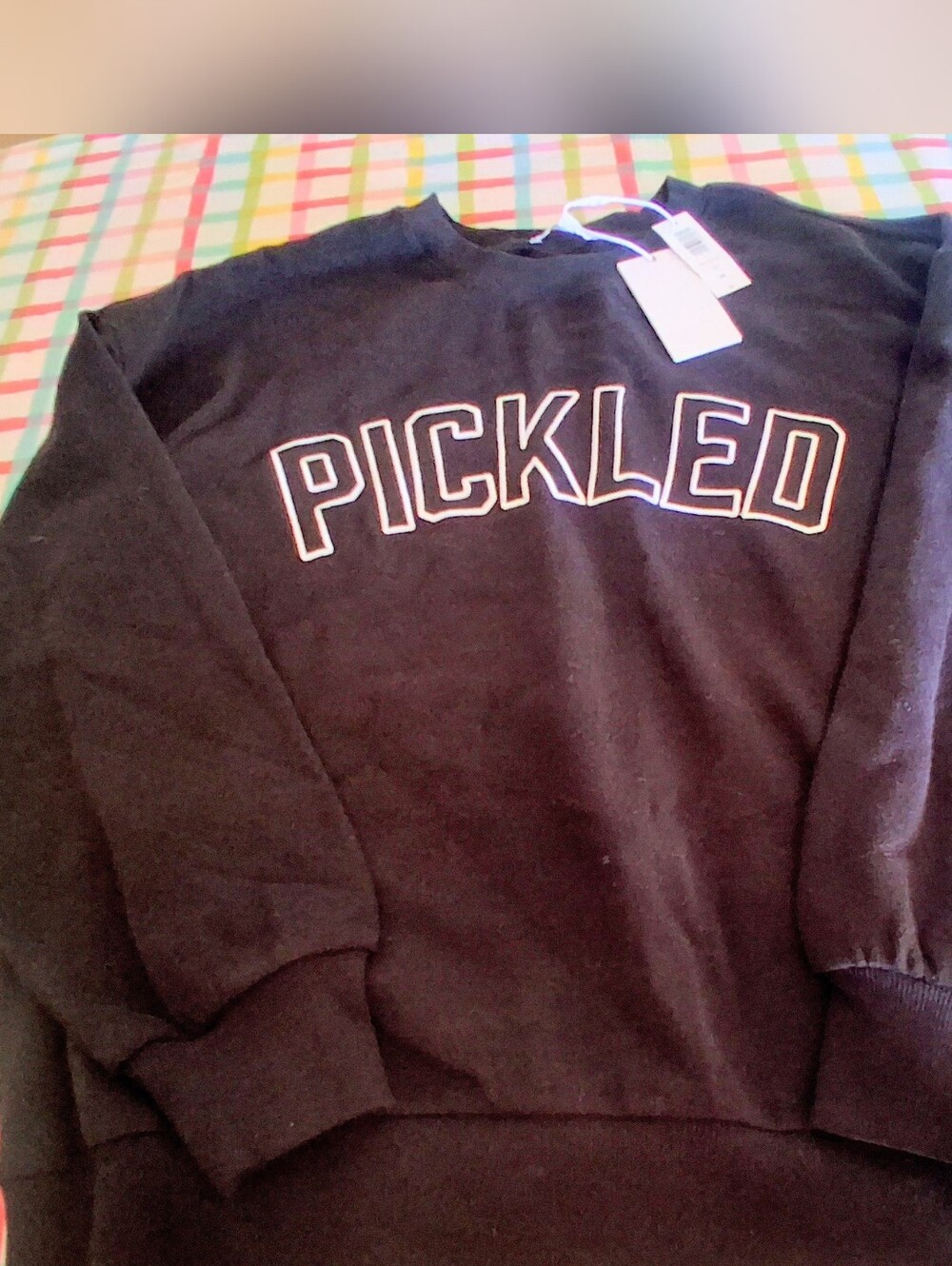 NWT ladies Black Sweatshirt, Says PICKLED on Front, Pickleball, Sz XS, MSRP $79